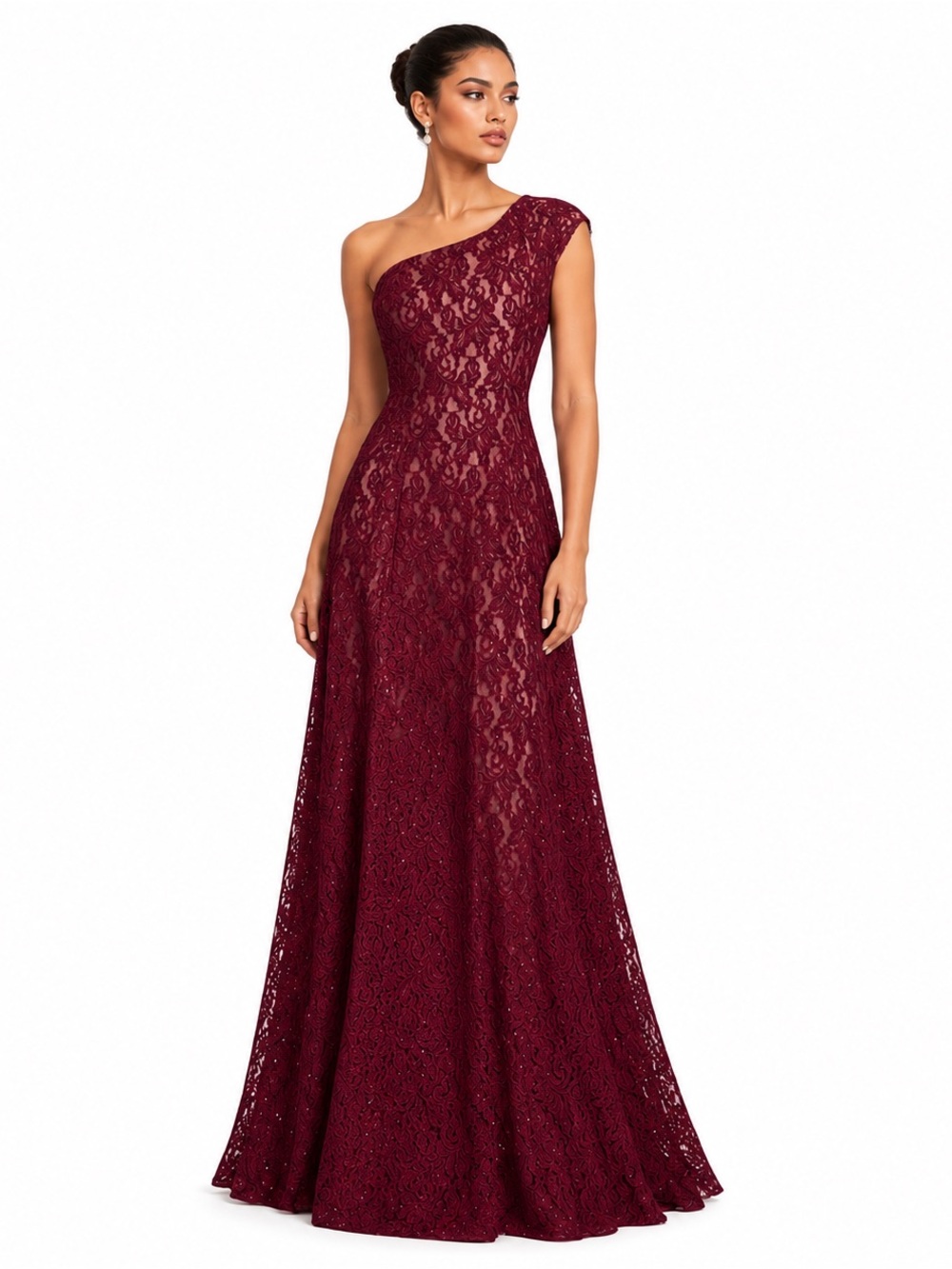 Perceptions One-Shoulder Lace Gown in Wine Sz XL